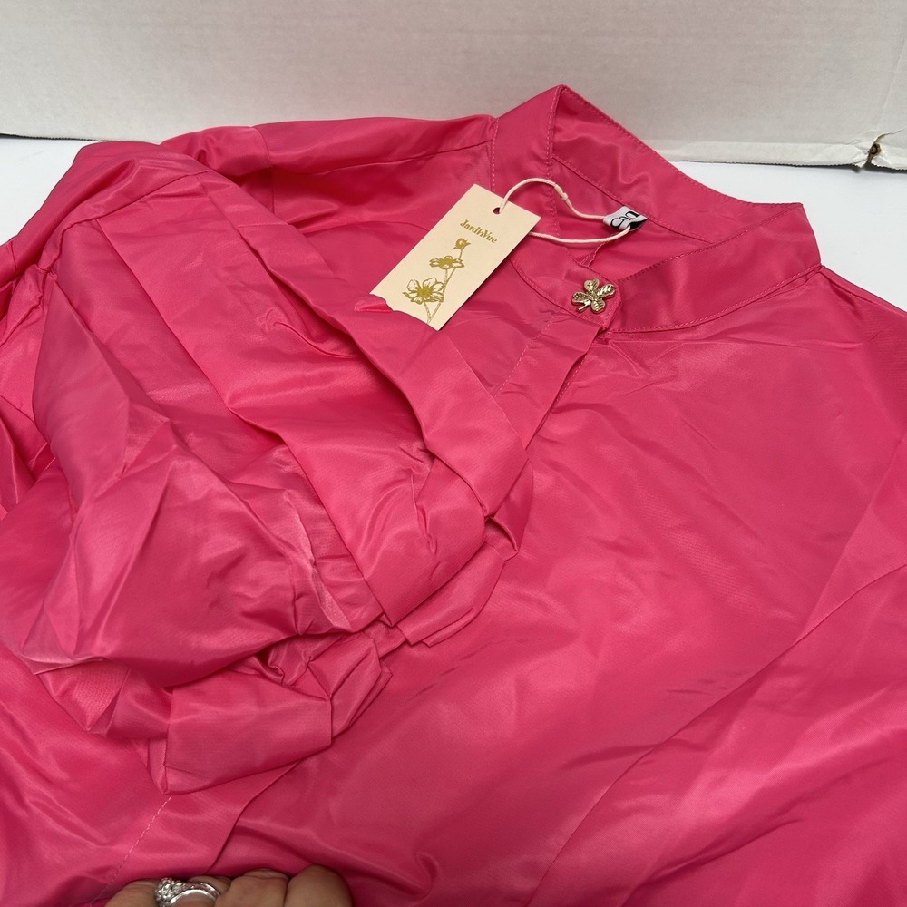 JardinVue NWT Fushia Puff Sleeve Clover Button Maxi Dress Size XL Dacron Taffeta